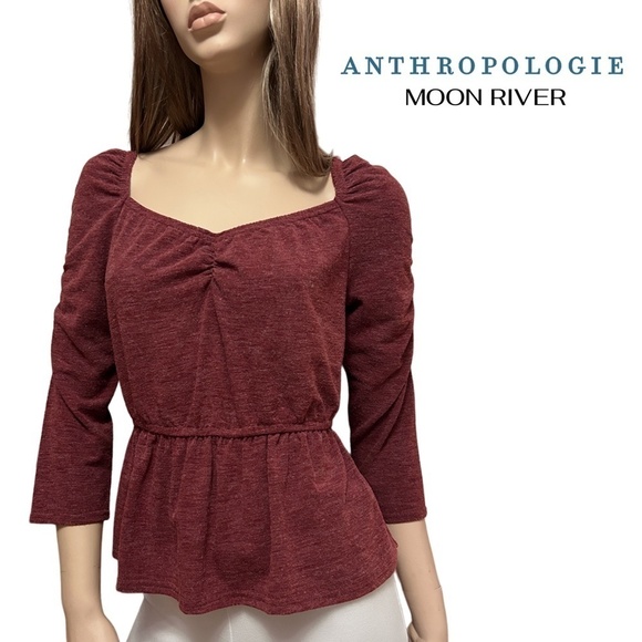 Anthropologie Moon River Peplum Top Blouse Heather Burgundy Ruched Shirred Back - Picture 1 of 16